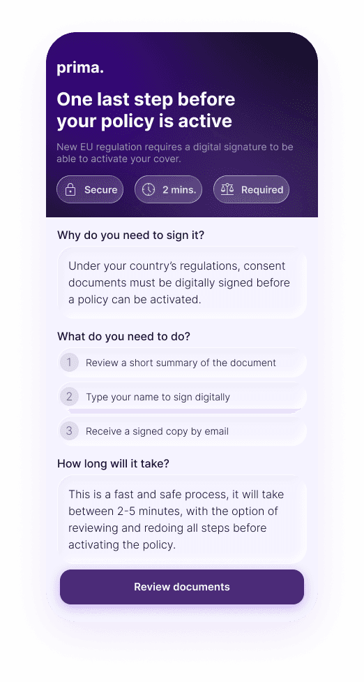 Gate screen explaining why a digital signature is required before the policy can be activated