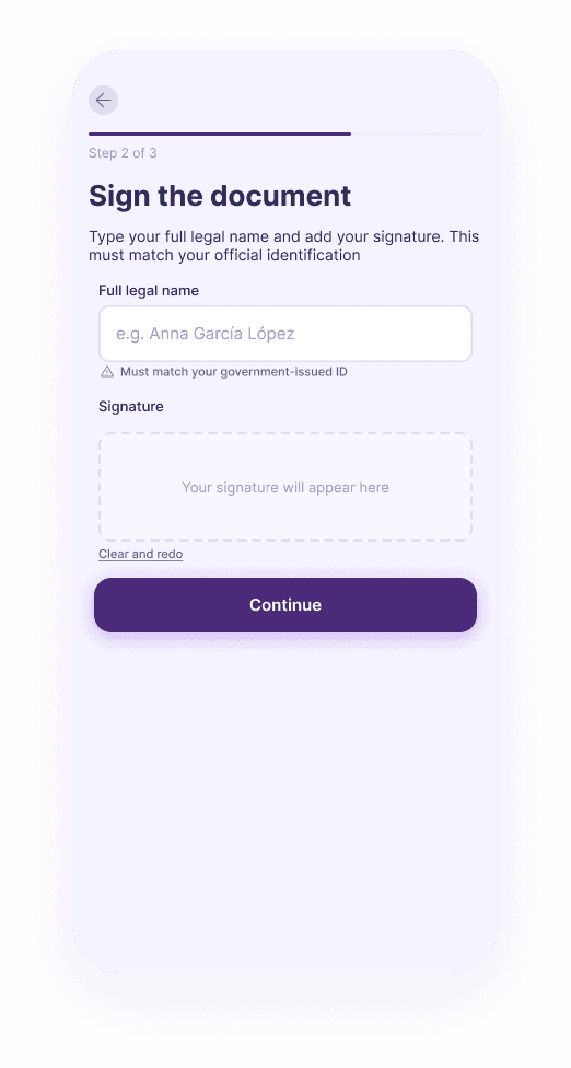 Sign the document screen with full legal name field and signature capture area, step 2 of 3