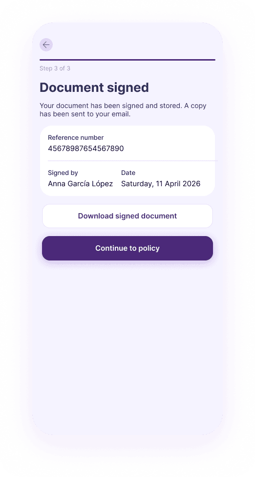 Document signed confirmation screen with reference number, signer, and date, step 3 of 3