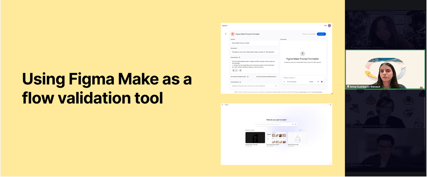 Presentation slide 'Using Figma Make as a flow validation tool' showing the Figma Make Prompt Formatter and a Figma Make project screen